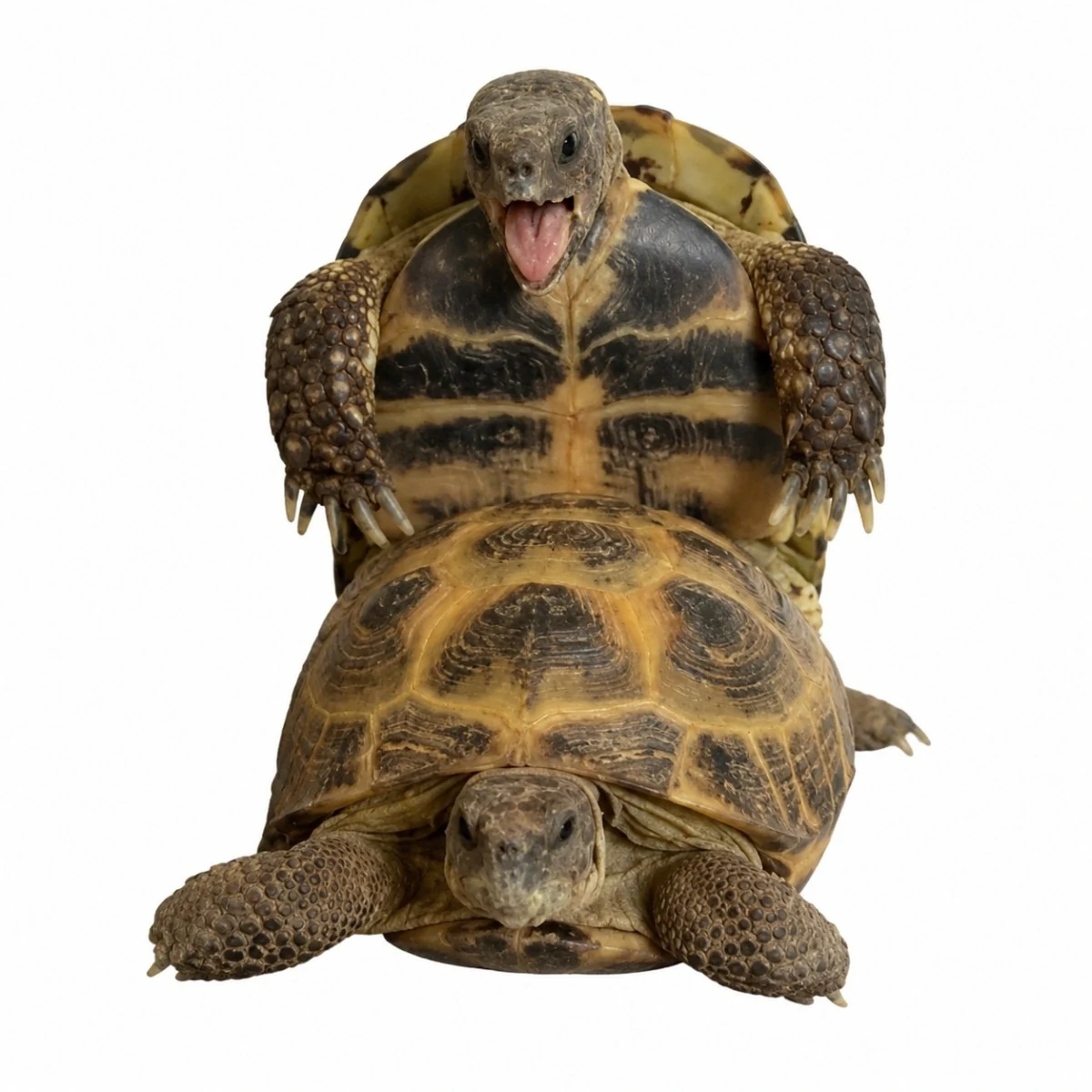 Two tortoises together, with one mounted on the other’s shell