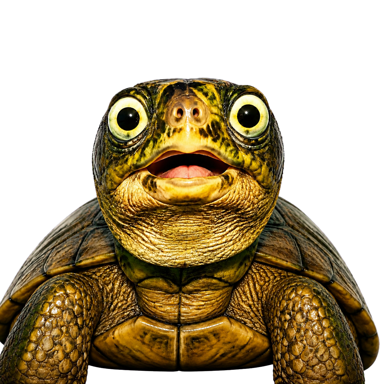 Ploddy, a wide-eyed turtle looking toward the camera