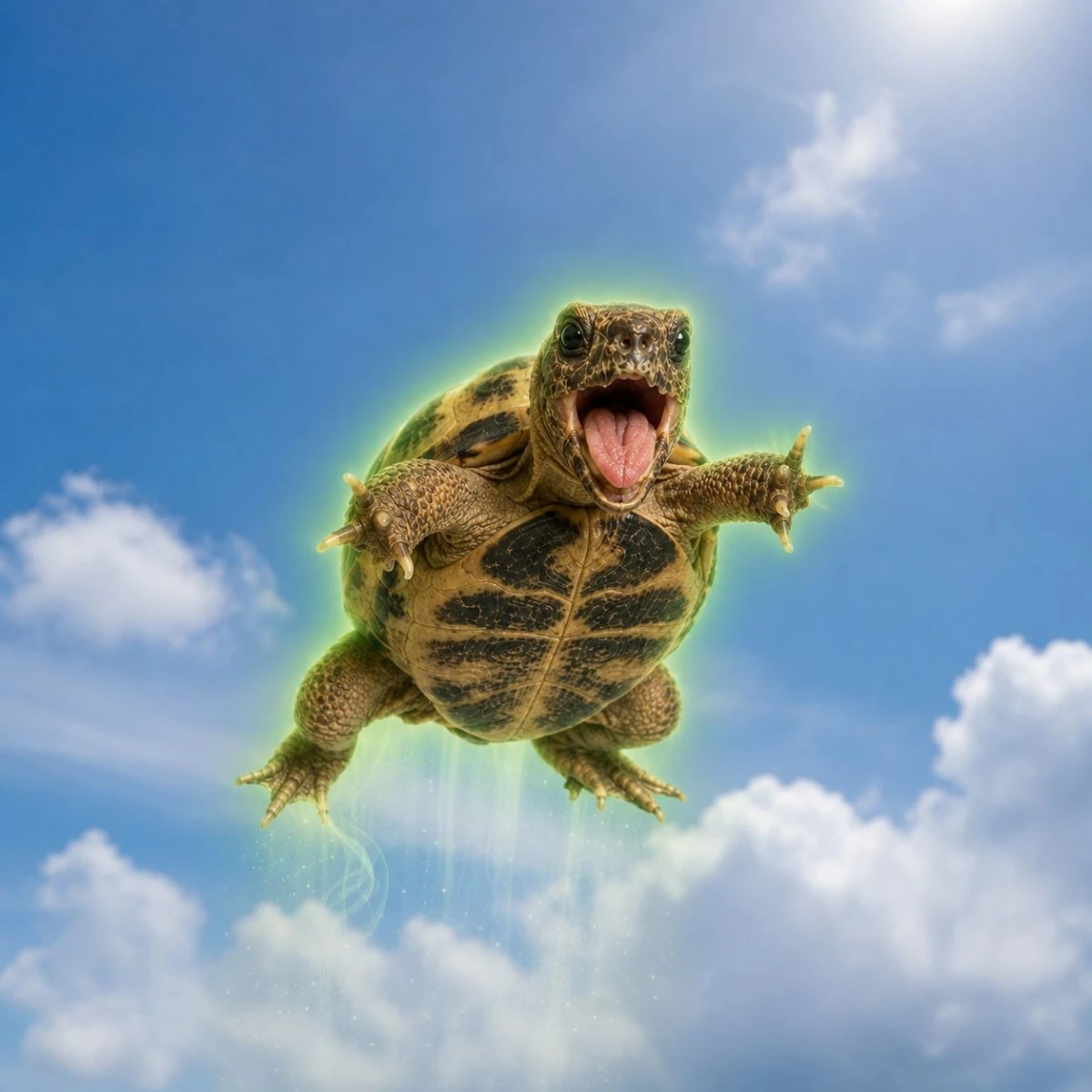 Ploddy glowing while flying high among white clouds