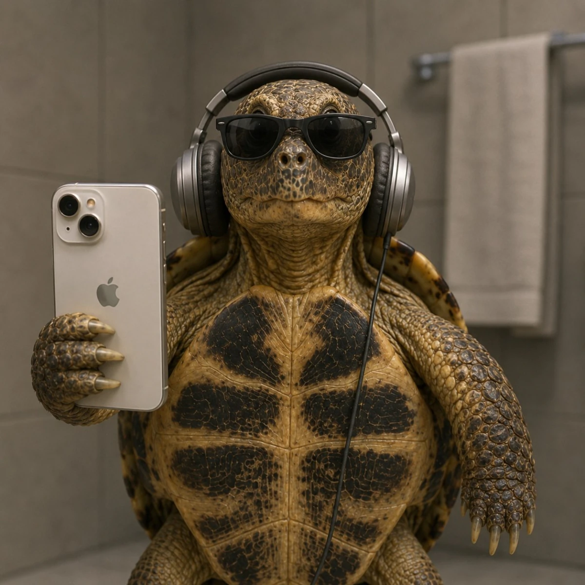 Ploddy wearing sunglasses and headphones while holding a smartphone