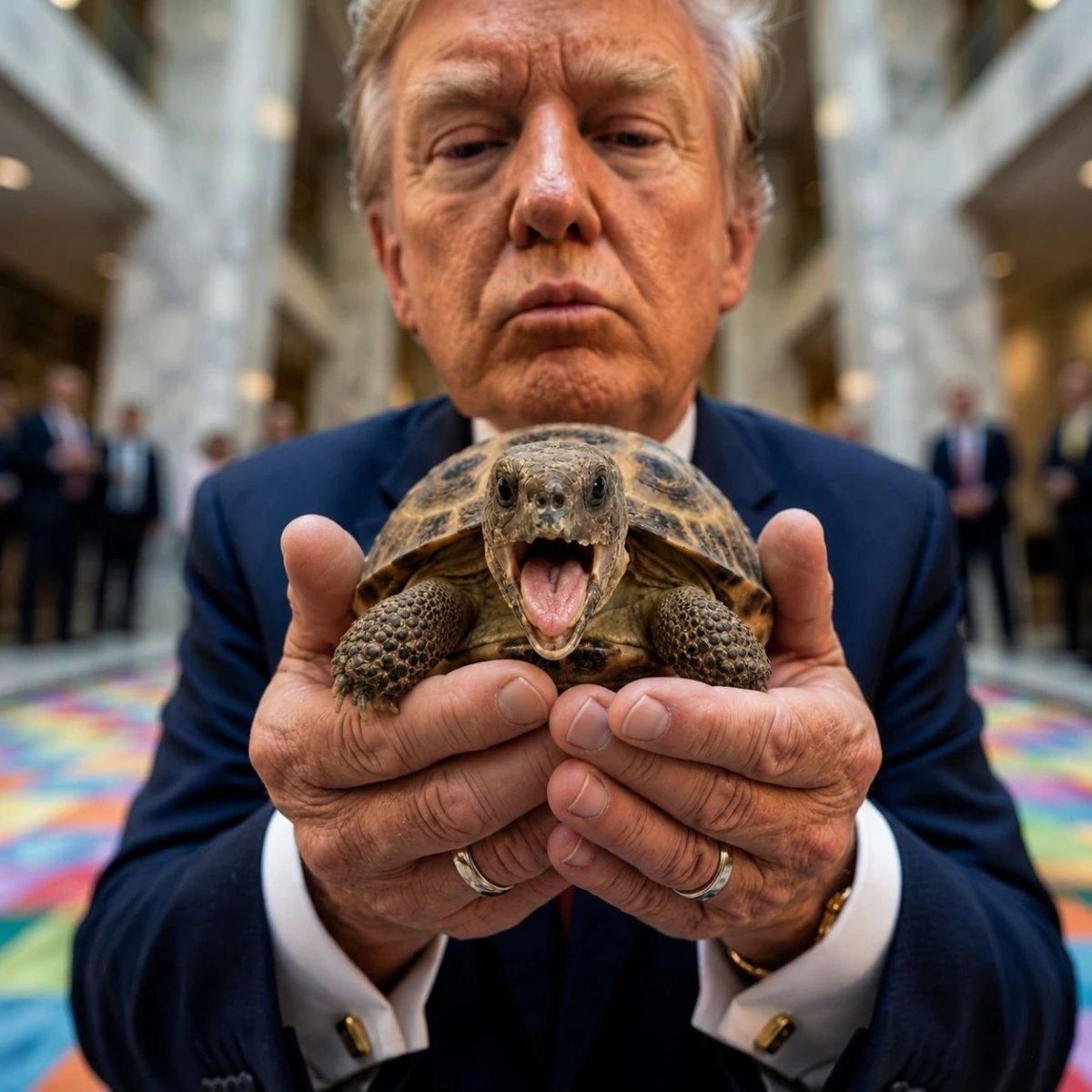 A suited man holding a small Ploddy close to the camera