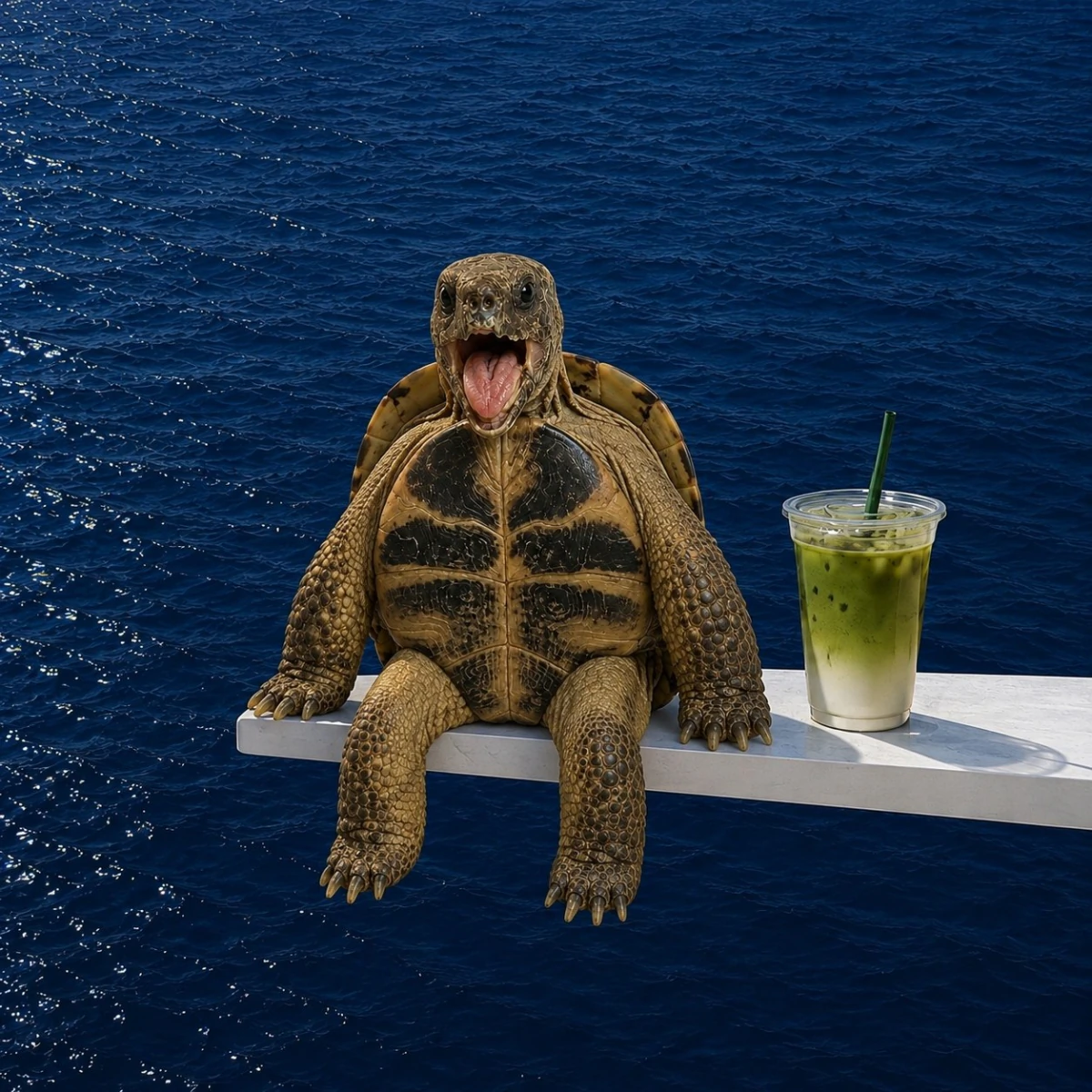 Ploddy sitting beside a green iced drink above the ocean