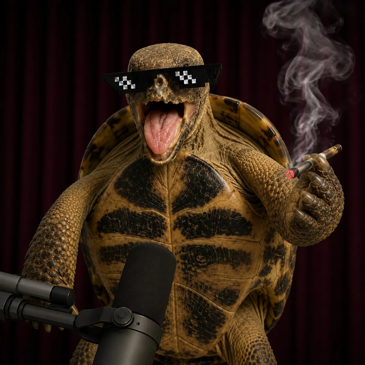 Ploddy wearing pixel sunglasses at a microphone and holding a smoking cigar