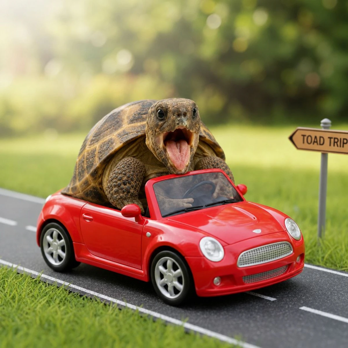 Ploddy driving a tiny red roadster along a country road
