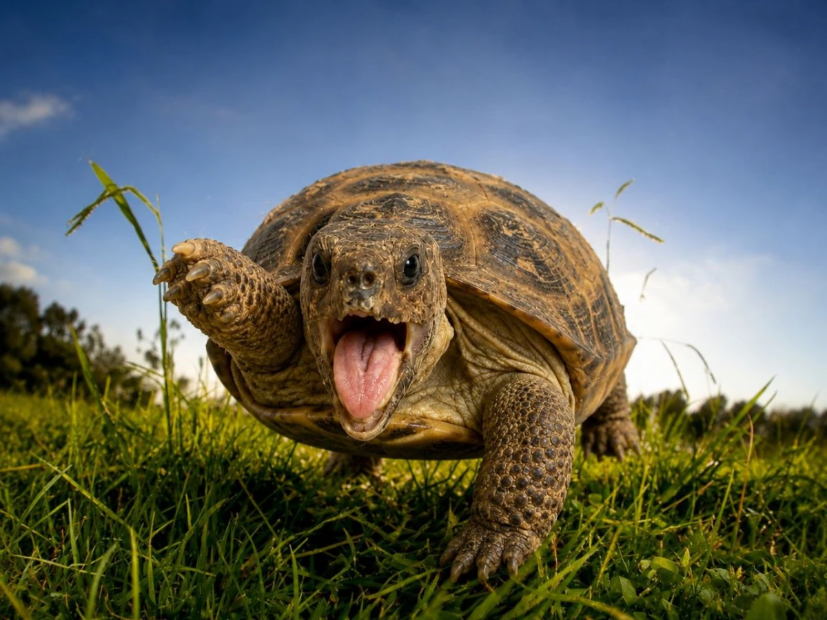 Ploddy charging through a sunny grass field