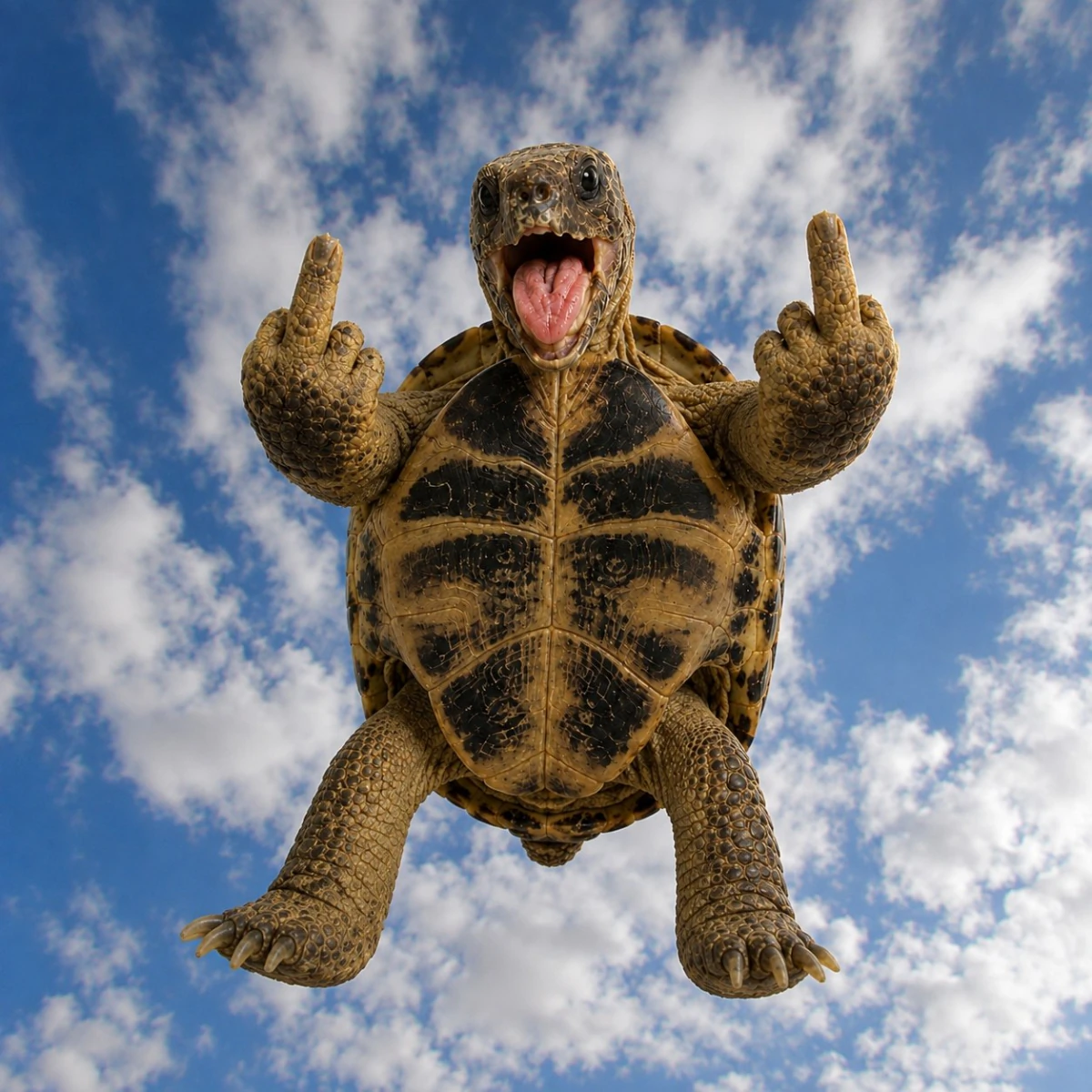 Ploddy floating against a cloudy sky with both middle fingers raised