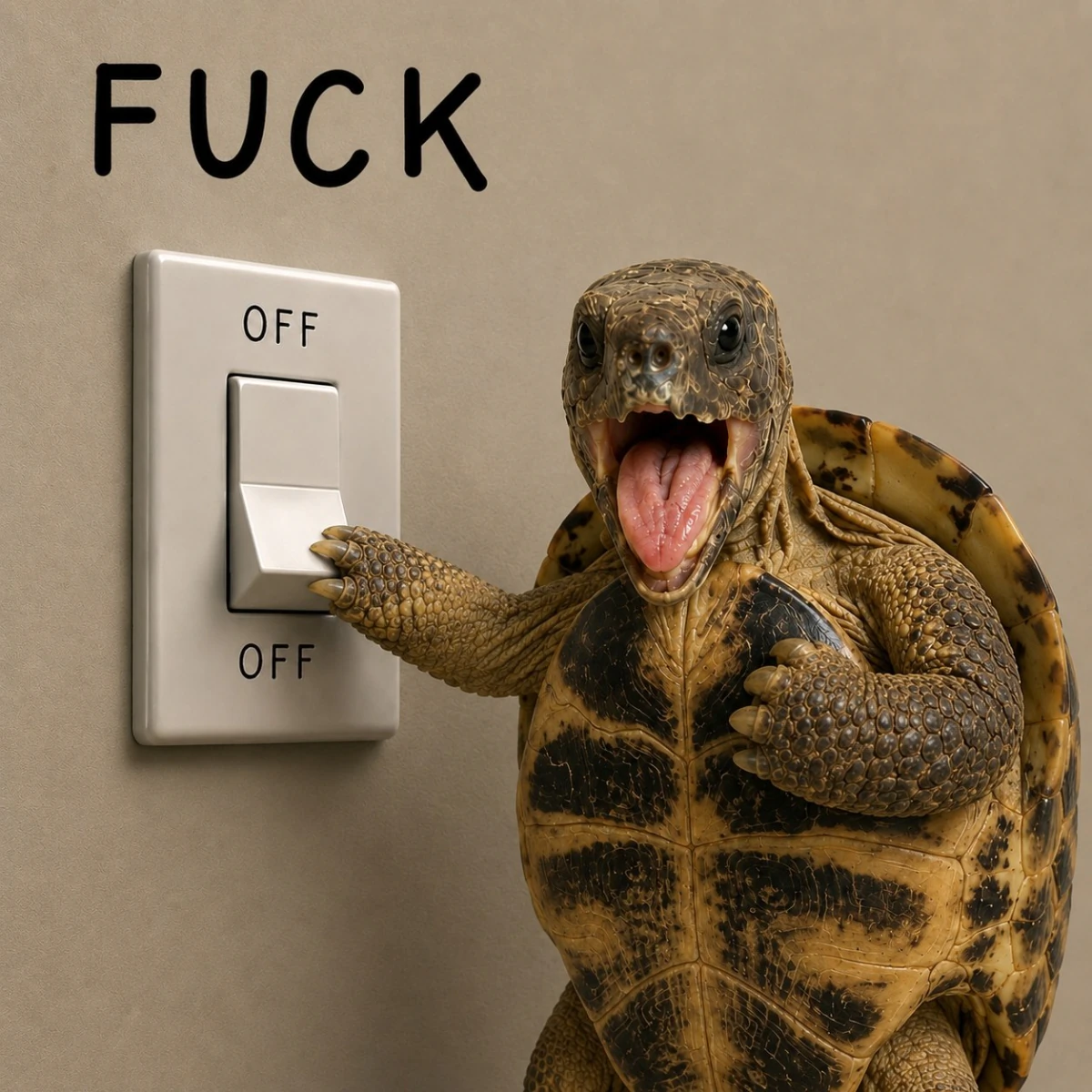Ploddy reaching toward a wall switch beside bold writing