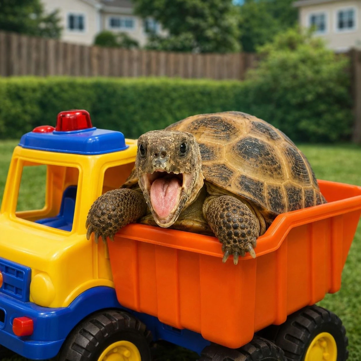 Ploddy riding in the bed of a colorful toy truck
