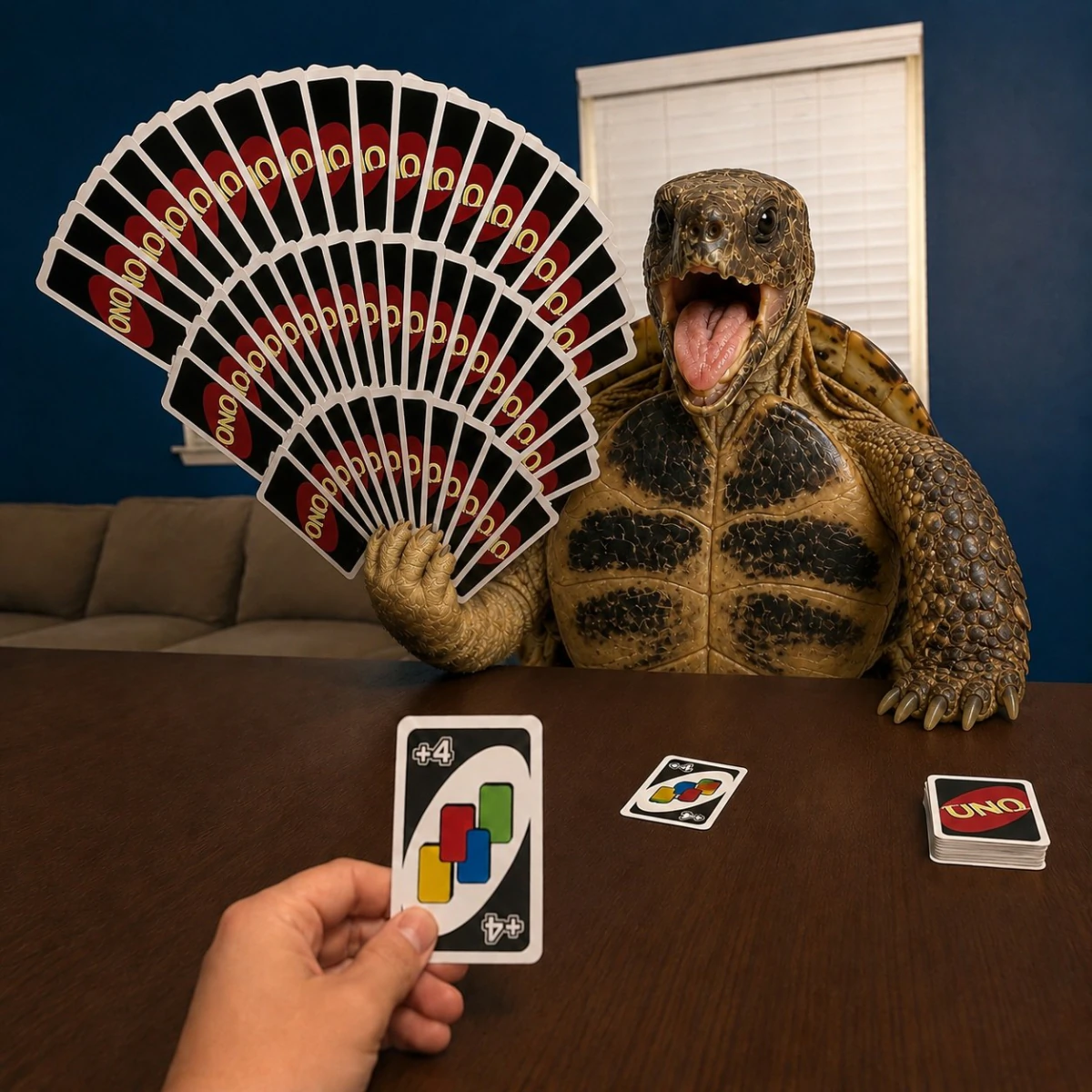 Ploddy holding a fan of playing cards across a game table